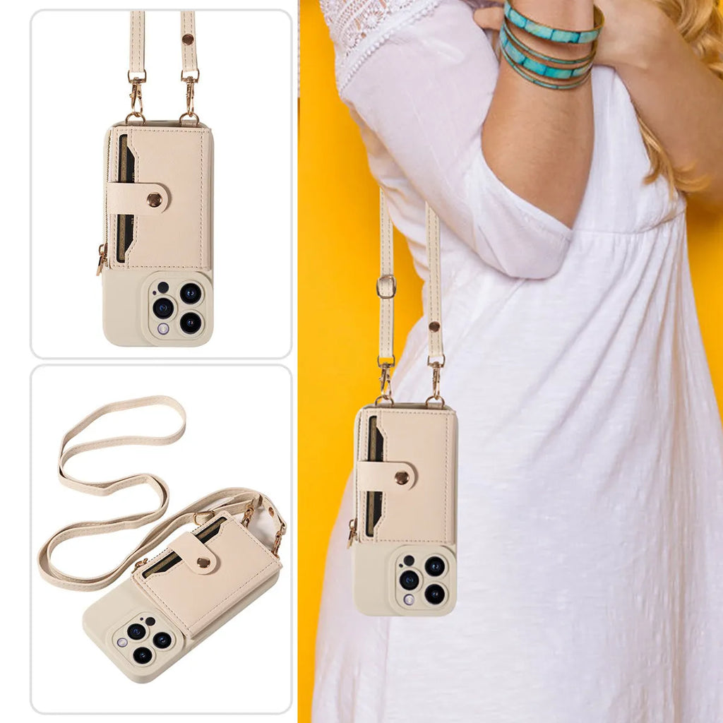 Imitation leather phone case with crossbody strap in black for iPhone 15, showing front and back