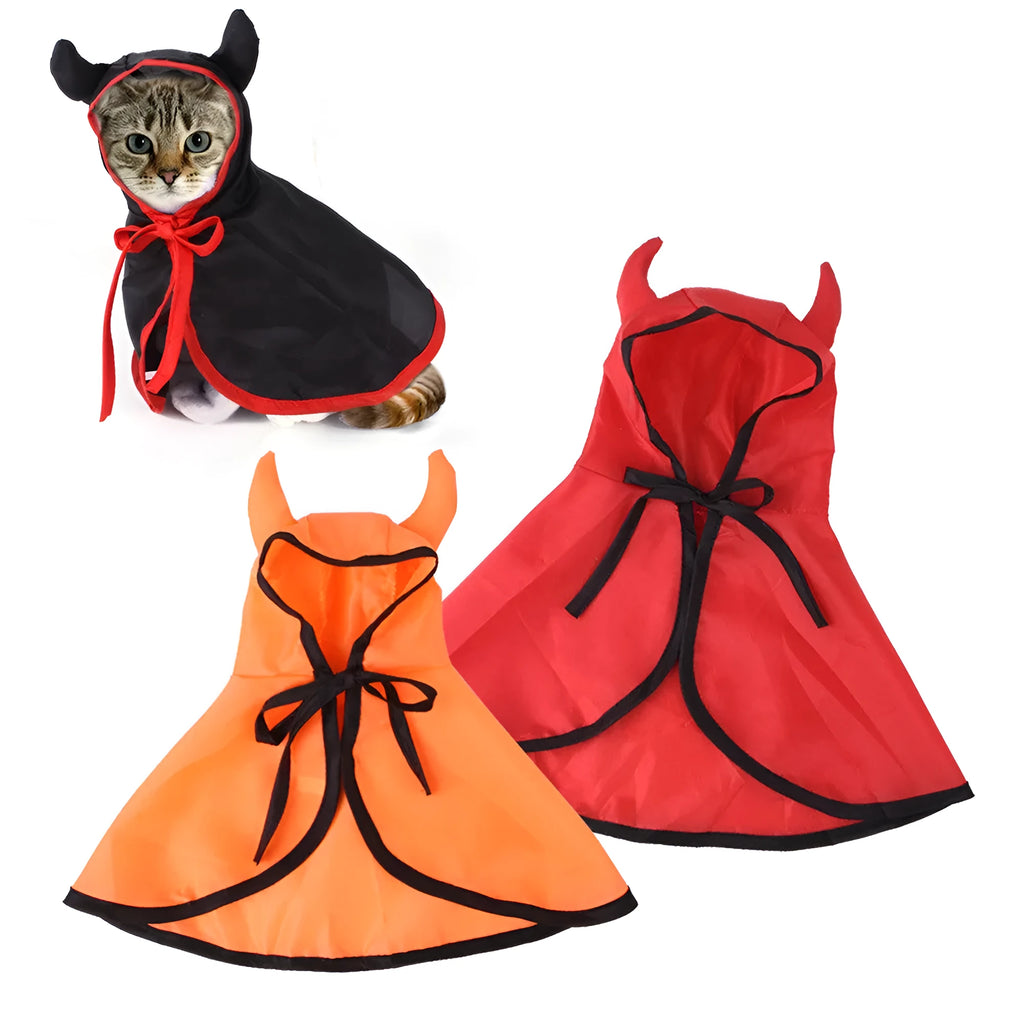 Halloween pet dog cat horn cloak cape in red black orange on a small pet