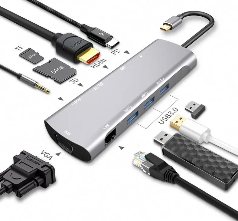 Grey USB-C docking station with HDMI, VGA, USB 3.0 ports and 140mm cable