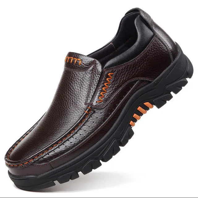 Men's black and brown business casual slip-on loafers with cowhide leather upper and rubber sole