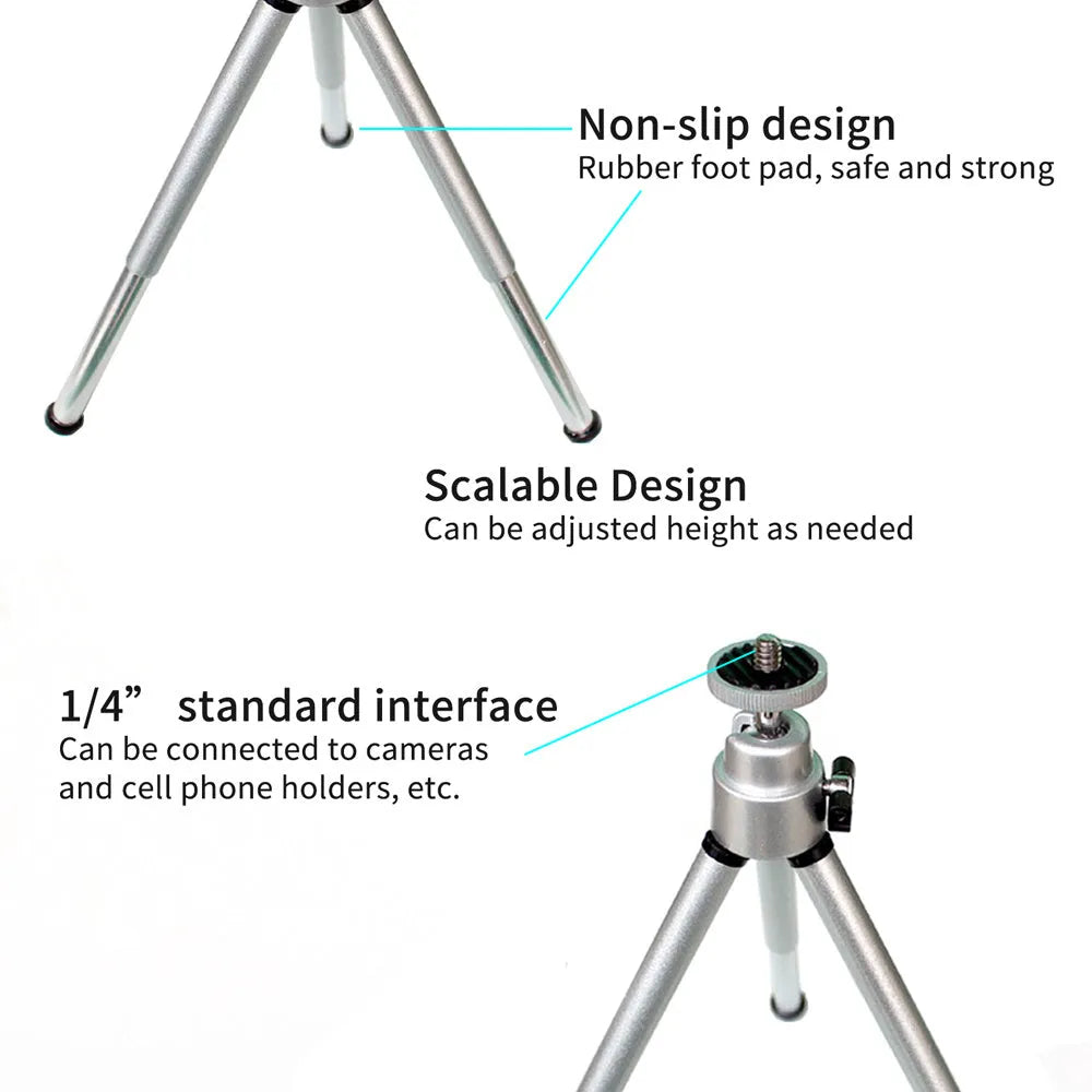 Mini flexible aluminium tripod with ball head and separate phone clip on desktop