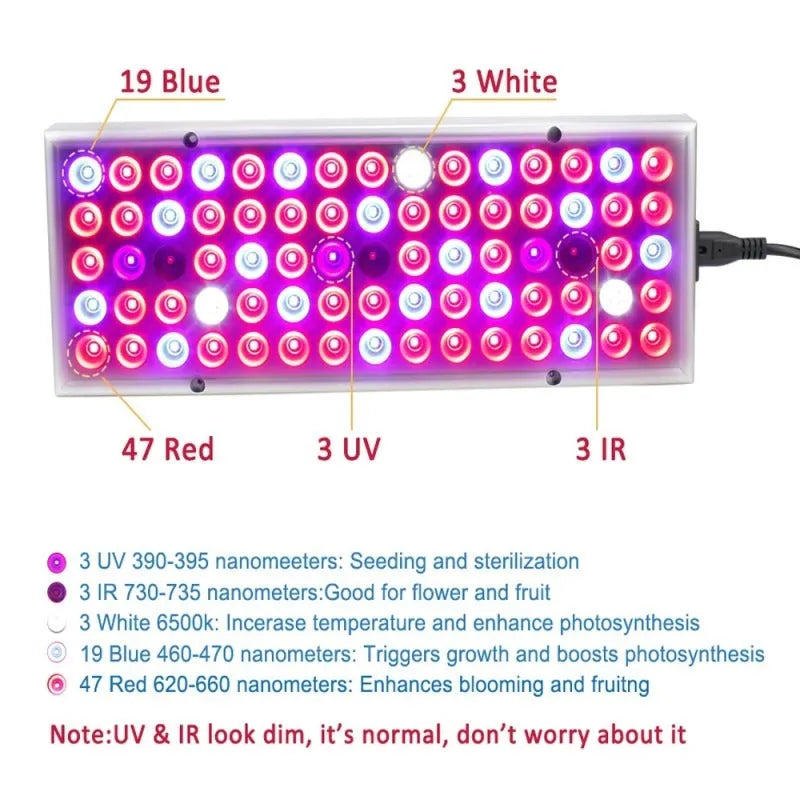 25W LED plant supplement light with 75 LEDs, 1000lm, ABS housing, 310x119x29.5mm, silver finish