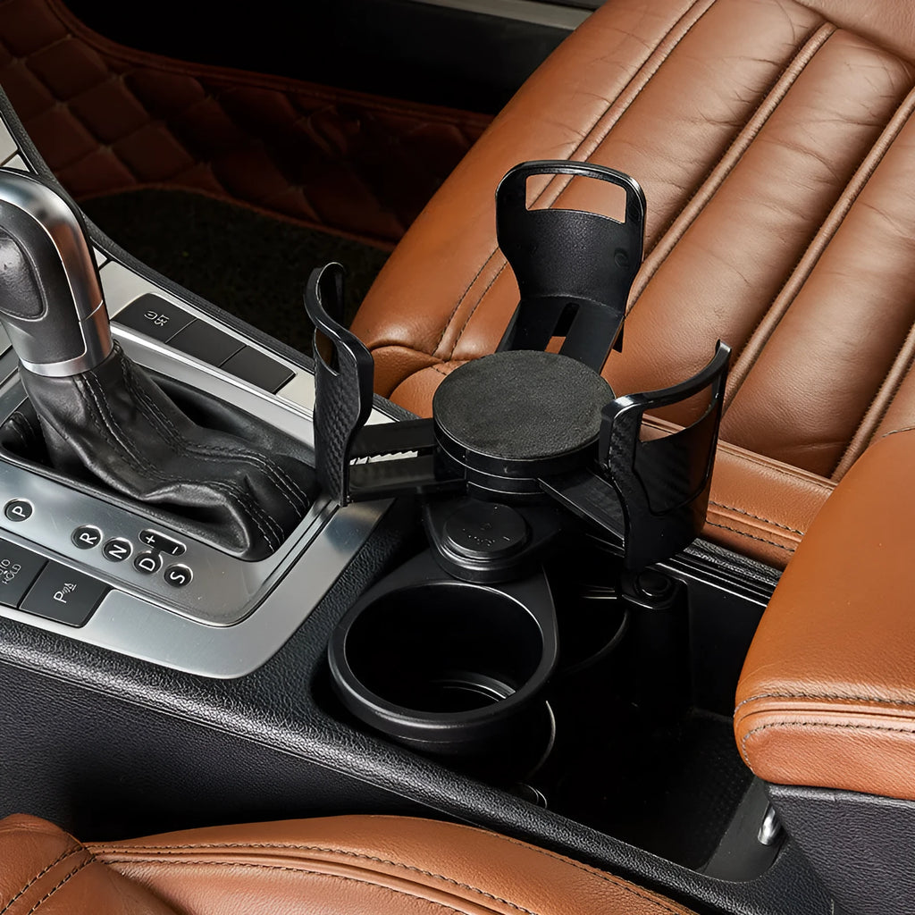 Multifunctional vehicle cup holder in Matt Black with 360° rotating axis mounted on car seat