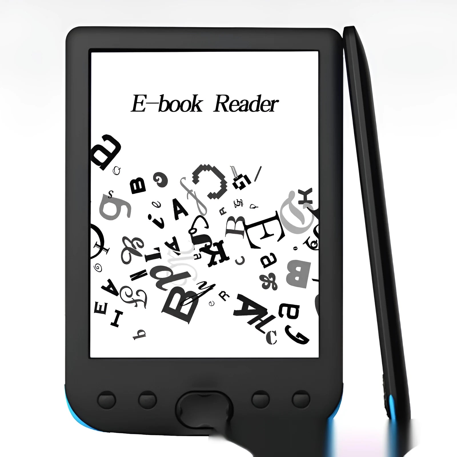 Black 6-inch E-ink e-book reader showing a page of text on its paper-like screen.
