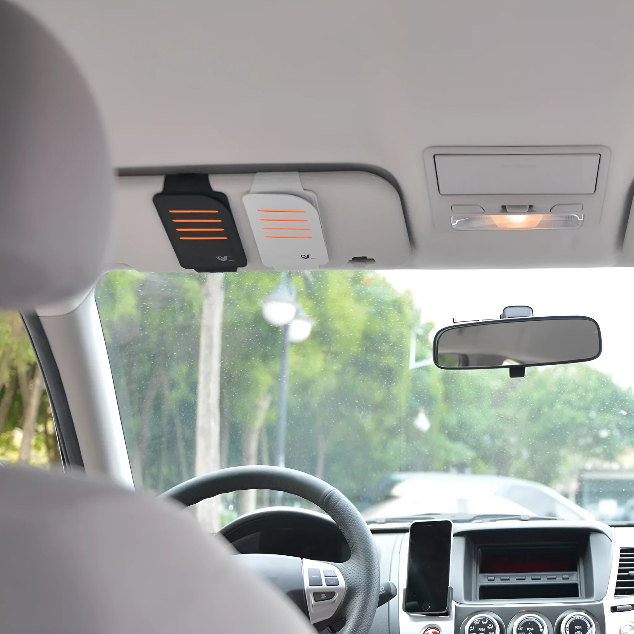 Car sun visor set with four shading panels and vehicle-mounted storage bag in black or grey