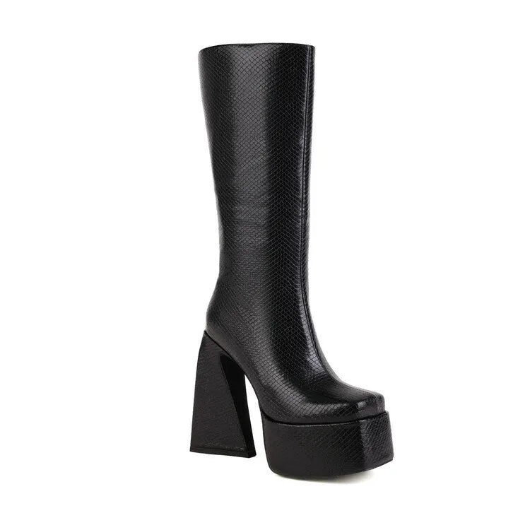 Women's artificial PU leather high boots in black, red, blue, and white colours showing ankle and lower calf coverage
