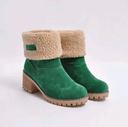 Women's thick-soled suede snow boots with mid-tube height and round toe