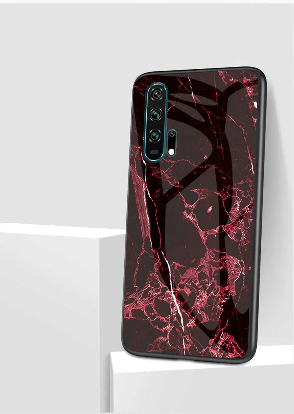 Honor 20 phone case with marble glass back and silicone bumper in multiple colours.