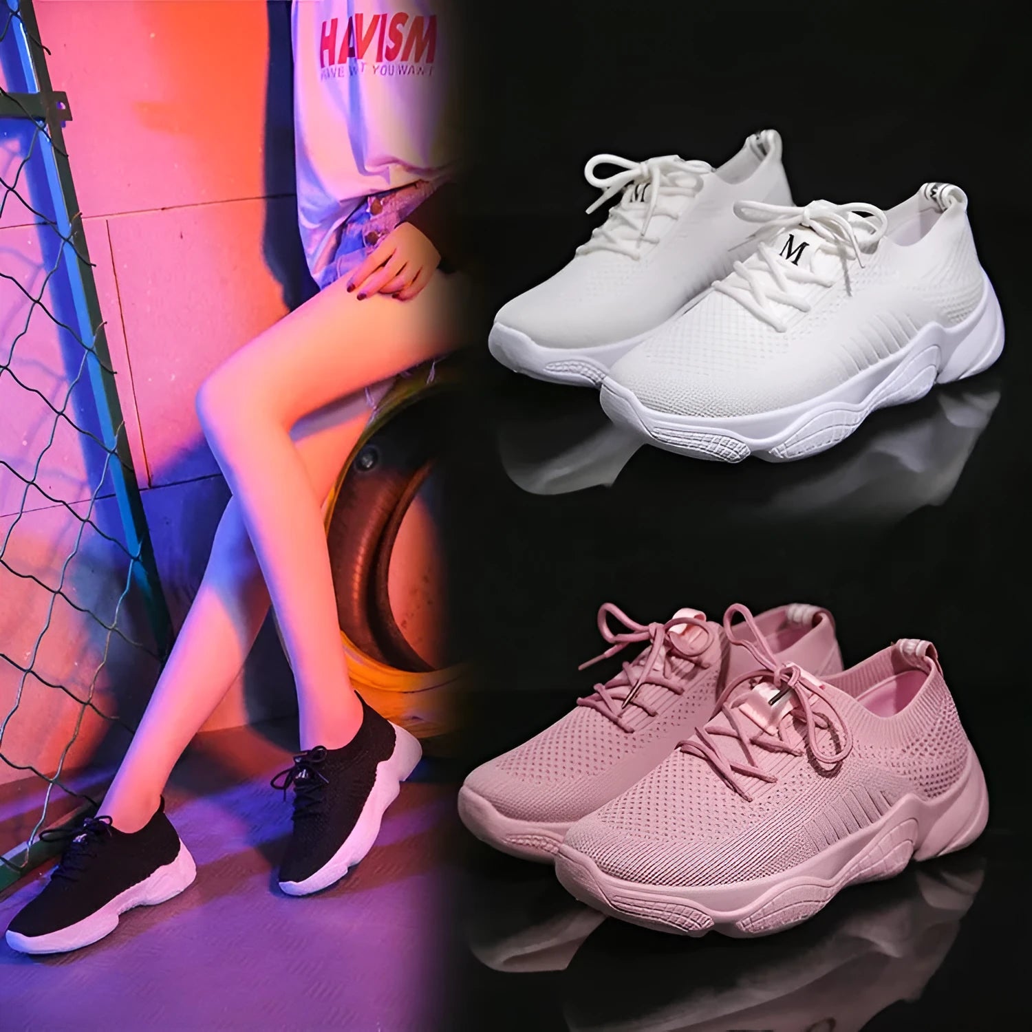 Women's white fly knit slip-on sport shoes with a thick rubber sole and front strap.