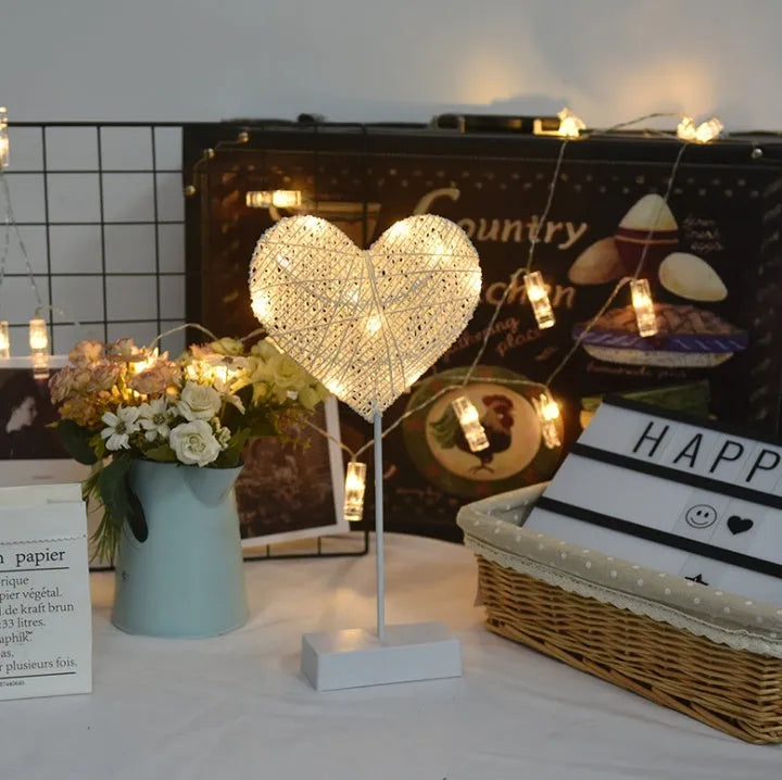 Battery-powered LED decorative lamp in star, love, or moon shape with rattan construction