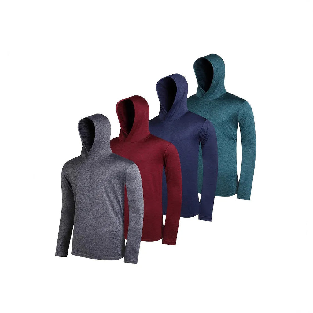 Pack of four men's lightweight polyester hoodies in various colours, showing hooded and non-hooded style options.