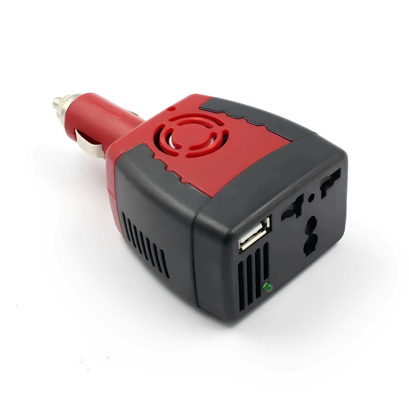 Black and red 150W car power inverter with AC plug and USB port
