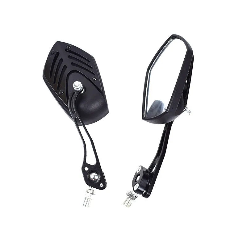 Motorcycle ghost fire rearview mirror pair with ABS plastic housing and aluminium rod in black colour