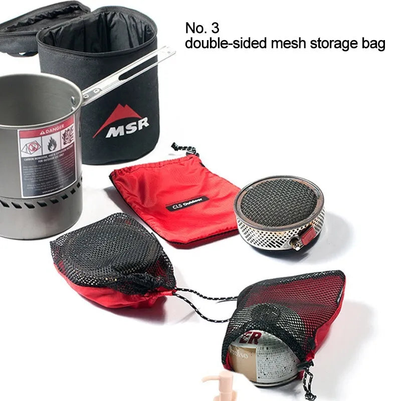 Red five-piece travel storage bag set with mesh panels and zipper closures