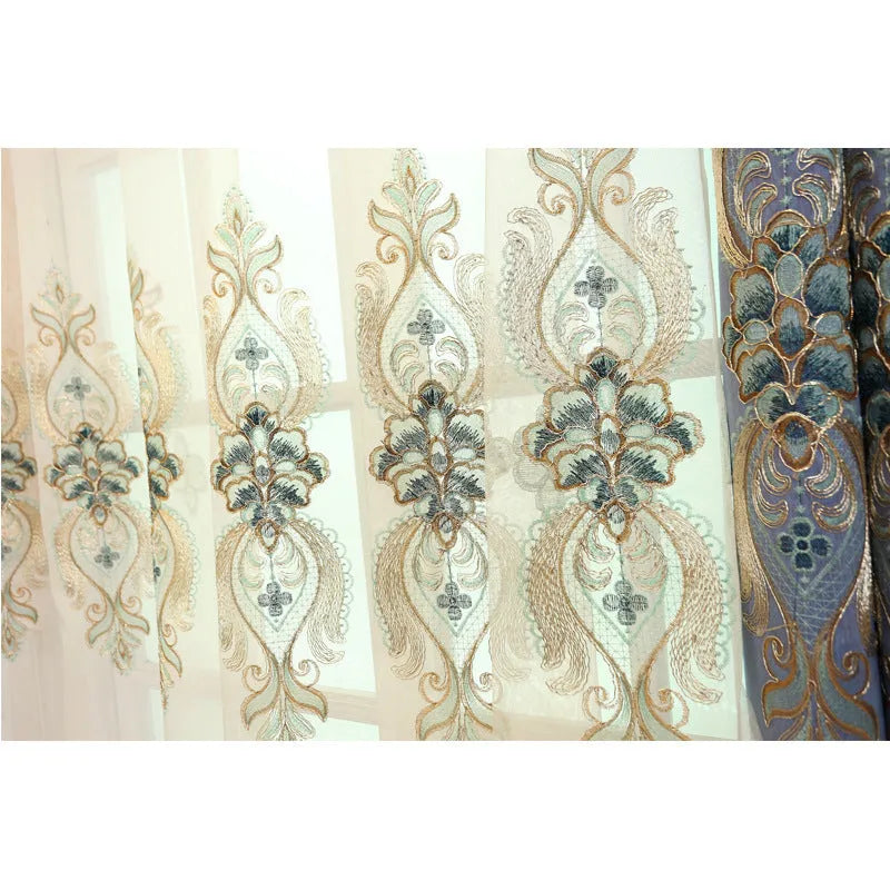 Slub cotton embroidery curtain fabric in beige with flat embroidery, high shading, modern simple style