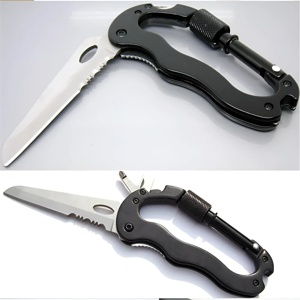 Multifunctional carabiner fast hanging buckle folding knife tool black aluminium alloy with 7.5cm blade
