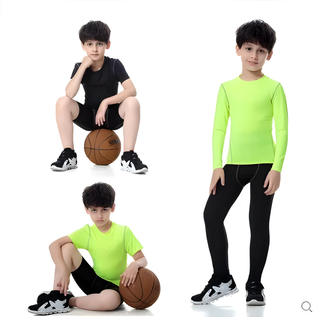 Kids sportswear set showing black and green t-shirts, shorts, and trousers with size chart.