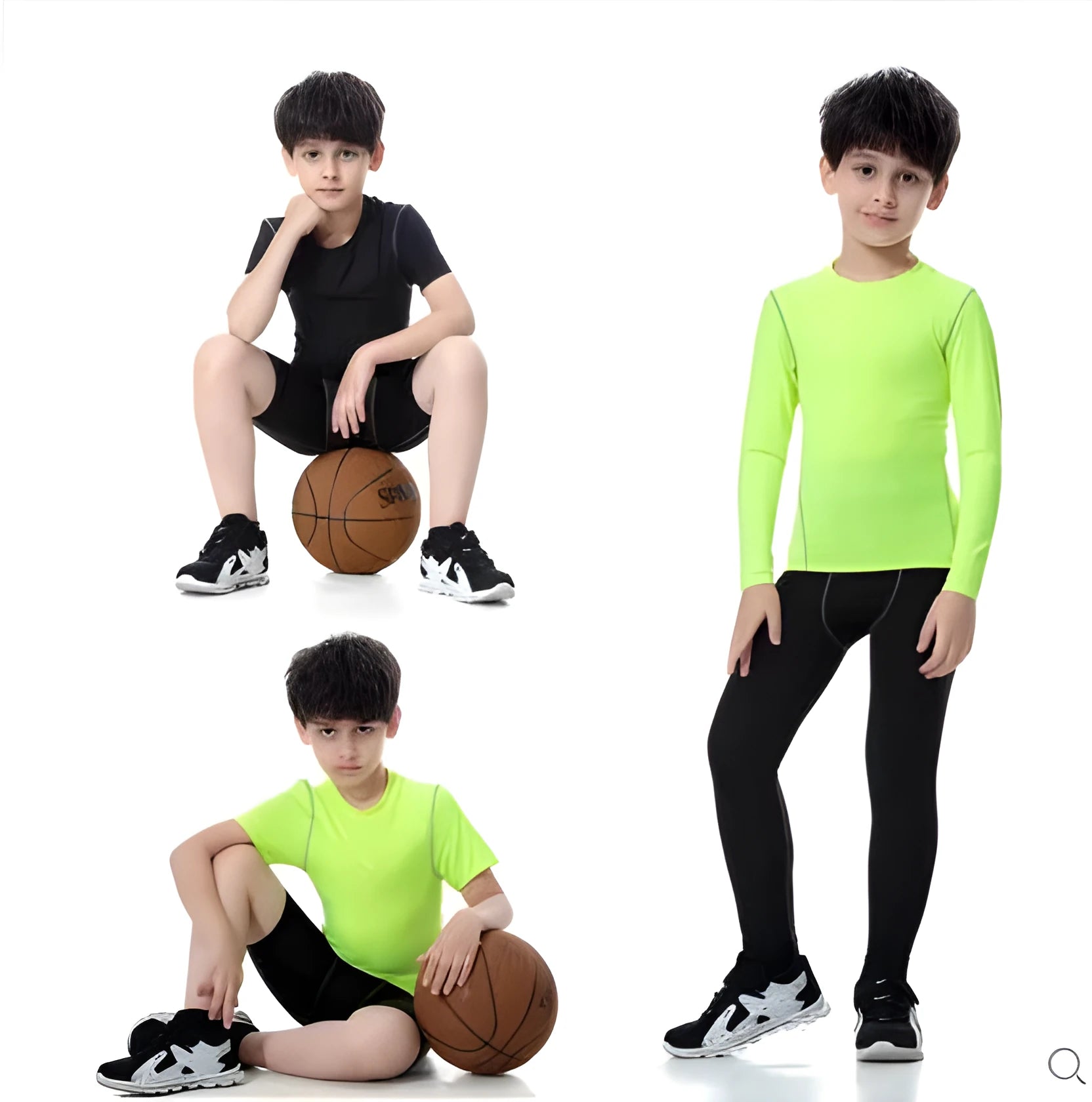 Kids sportswear set showing black and green t-shirts, shorts, and trousers with size chart.