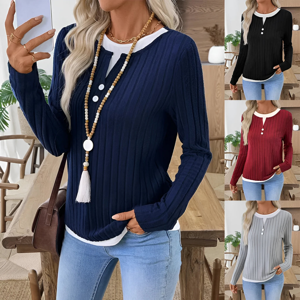 Women's concave stripe polyester pullover sweater with fake two-piece button detail in street fashion style