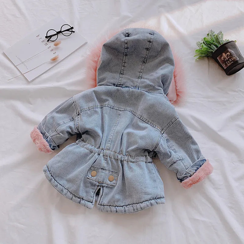 Girls blue denim coat with attached hood and plus velvet lining
