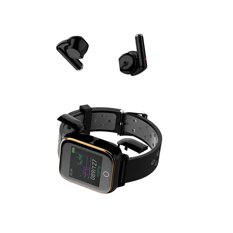 Black smart watch with removable Bluetooth earbuds showing heart rate monitoring on 1.4-inch screen