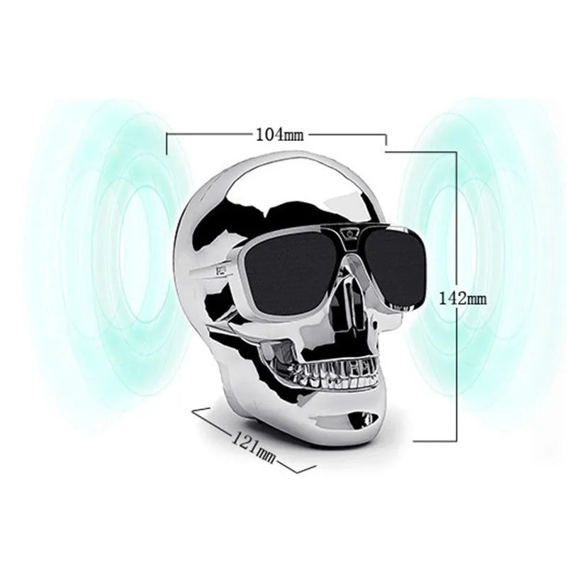 Limited edition skull design wireless Bluetooth speaker showing colour options and compact portable dimensions