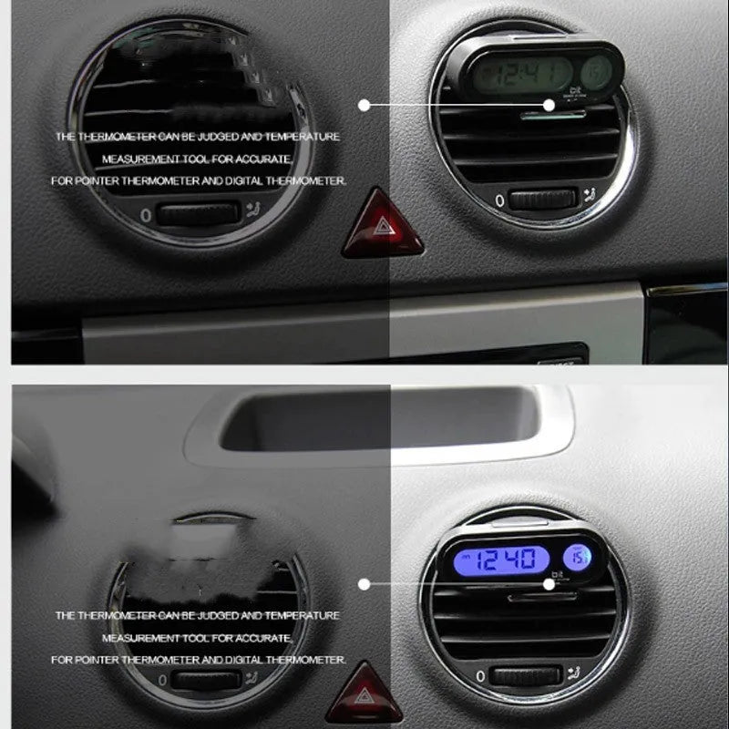 Black car electronic clock and thermometer with LED display on an adjustable dashboard bracket.