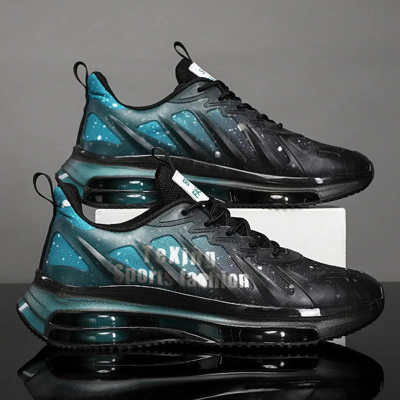 Men's black and green platform sole running shoes with mesh upper and lace-up front.