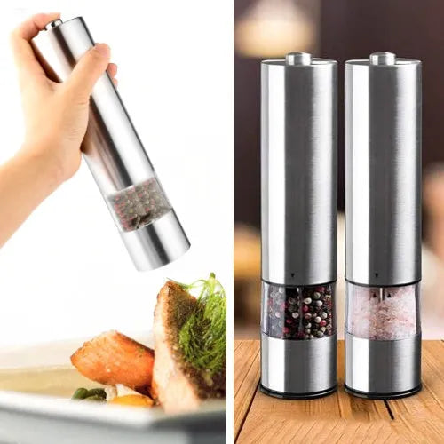 Stainless steel electric pepper grinder on a kitchen countertop.