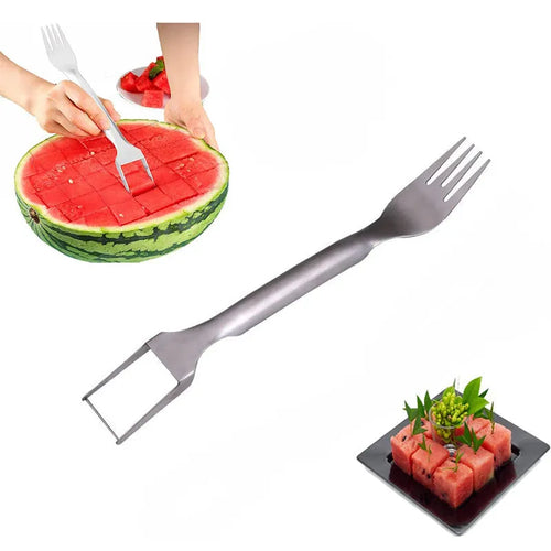 Silver stainless steel watermelon slicer and serving fork on a kitchen counter