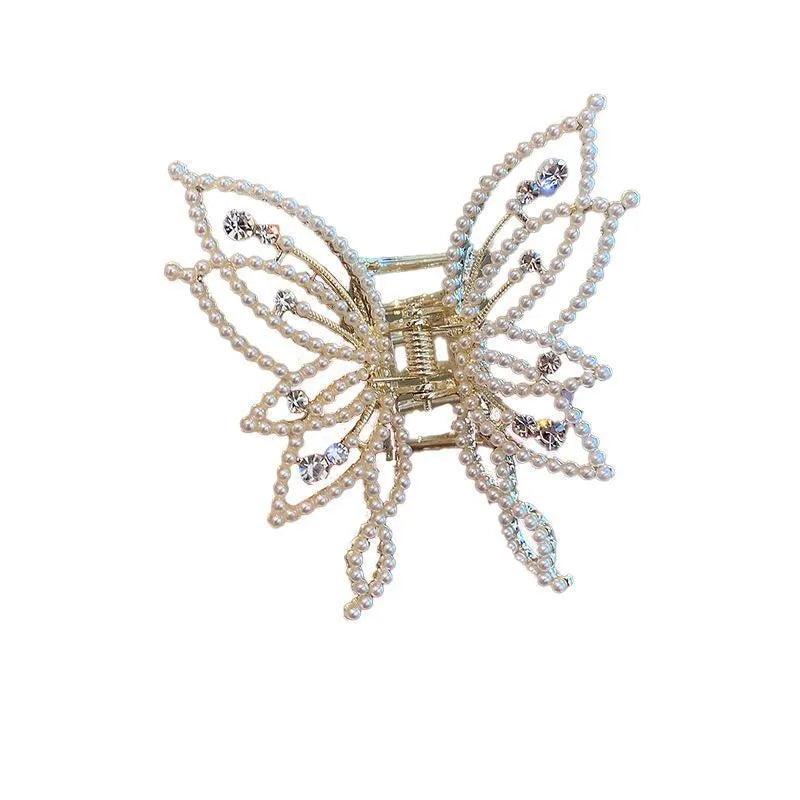 Butterfly-themed alloy hair clip barrette with electroplated finish, either rhinestone or pearl decorative style