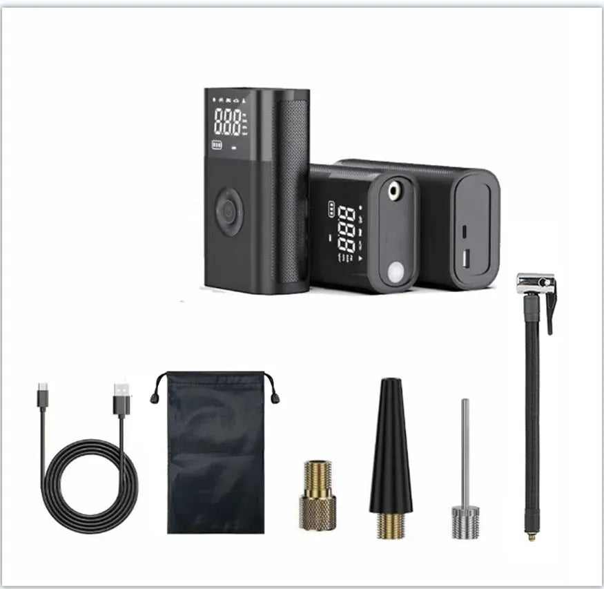 Handheld wireless digital car tyre inflator with LCD screen, made from black ABS plastic, shown with charging cable and nozzle adaptors.