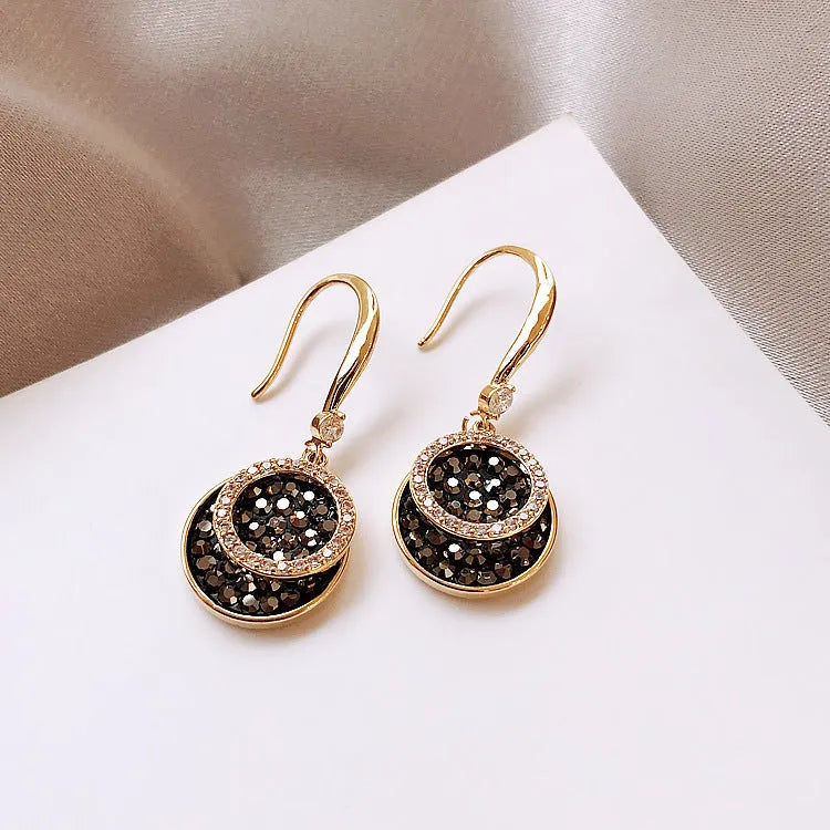 Black alloy geometric drop earrings with circular retro Hong Kong design, 3.6cm length