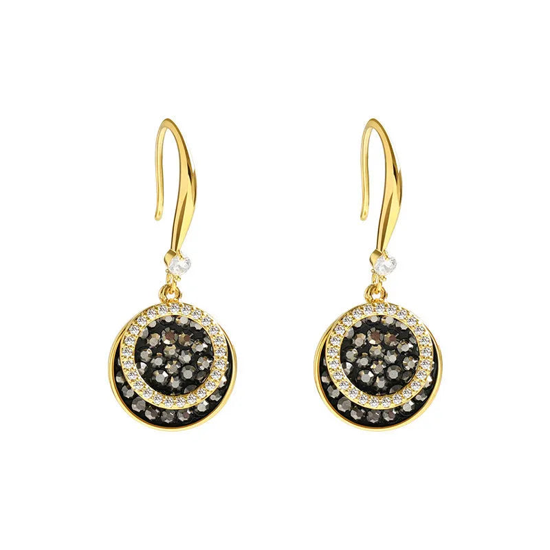 Black alloy geometric drop earrings with circular retro Hong Kong design, 3.6cm length
