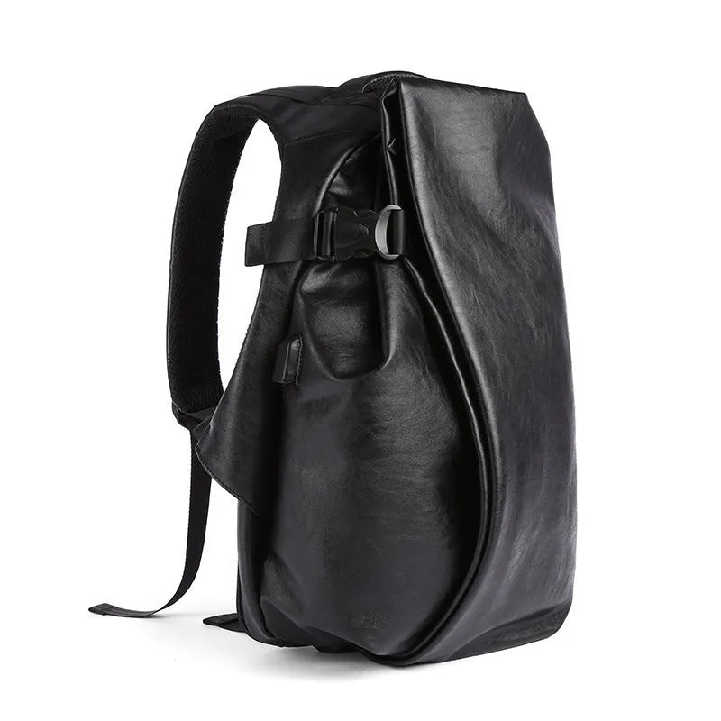 Korean men's PU leather shoulder bag in black with car suture, square shape, double strap, and cover bag