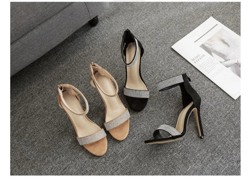 Women's peep toe sandals with rhinestone detail, 11.5cm heel, 1cm front platform, suede upper, black or apricot.
