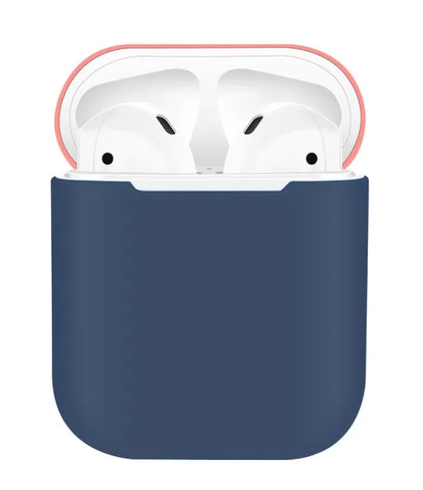 Silicone protective case cover for Apple AirPods charging box in split design, shown in multiple colour options.