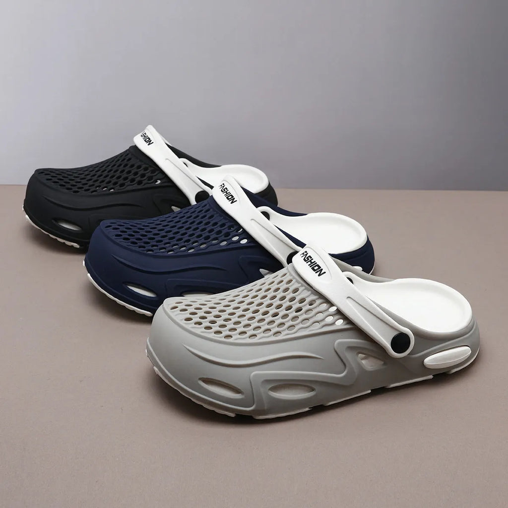 Men's grey closed toe beach slippers with non-slip sole and round toe design