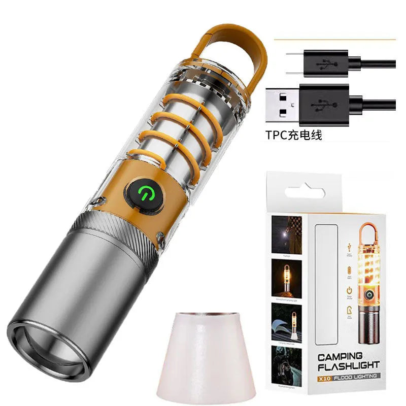 Orange 10W dual light source LED flashlight with hook and keychain attachment