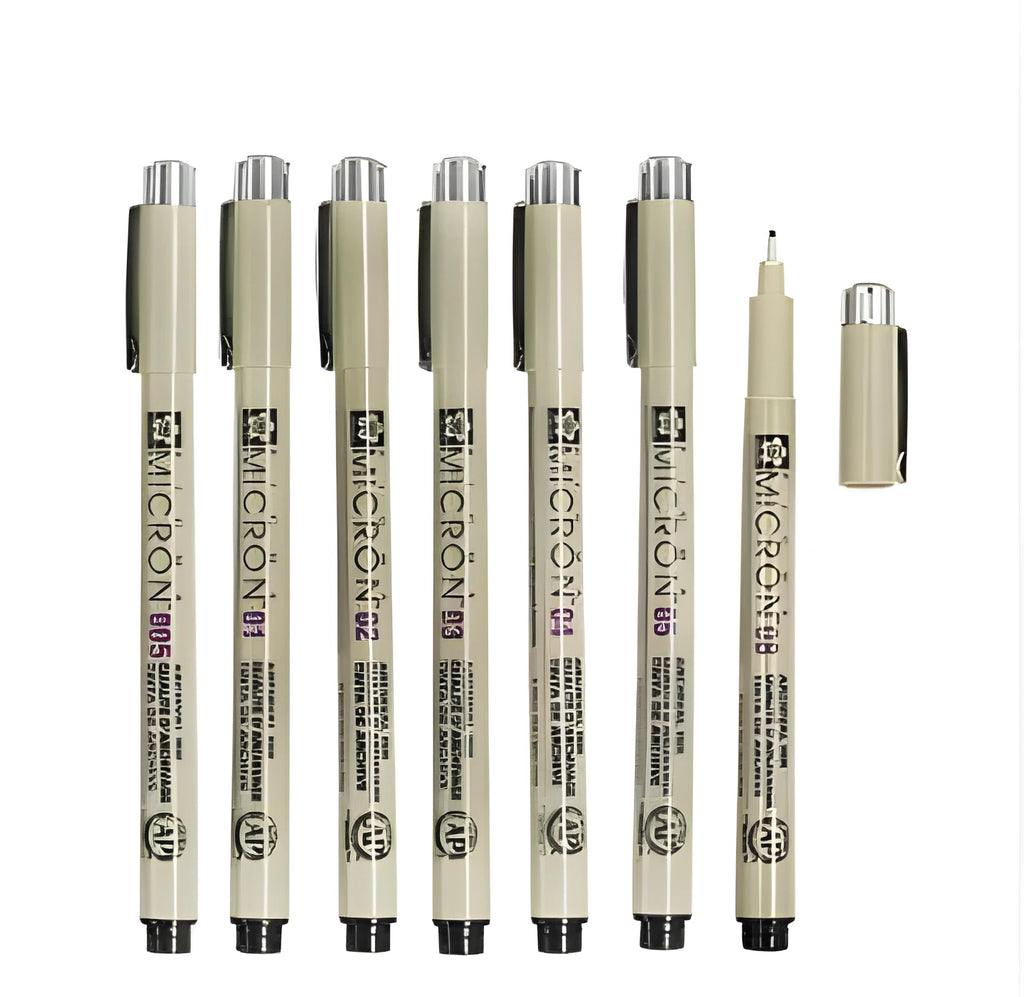Pack of 7 Sakura Pigma Micron pens in assorted nib sizes from 0.2mm to 0.5mm with a 0.5mm pencil on white background