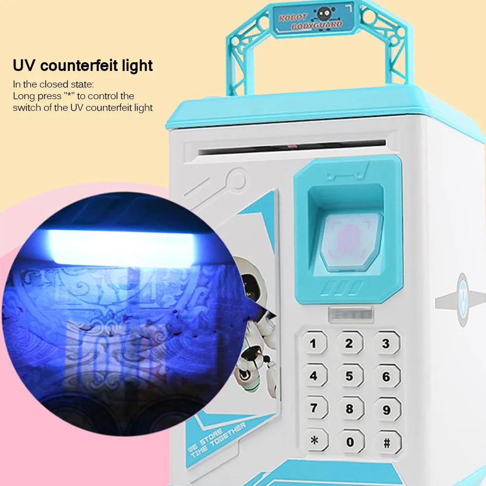 Electronic piggy bank in blue with fingerprint sensor and number keypad, 13 cm wide