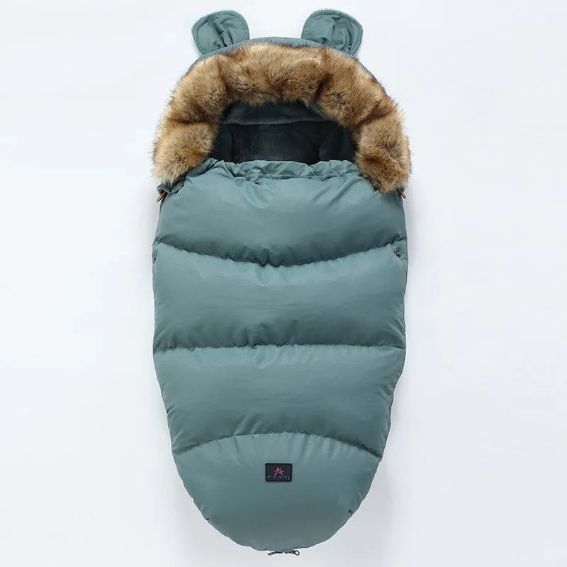 Baby stroller sleeping bag in silkworm cocoon style, shown in a colour option, measuring 100 by 48 centimetres.