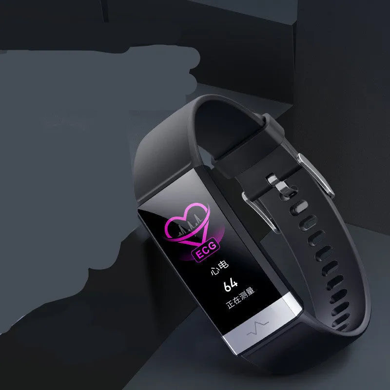 V19 smart fitness tracker in black on a wrist, showing health metrics on its colour screen.