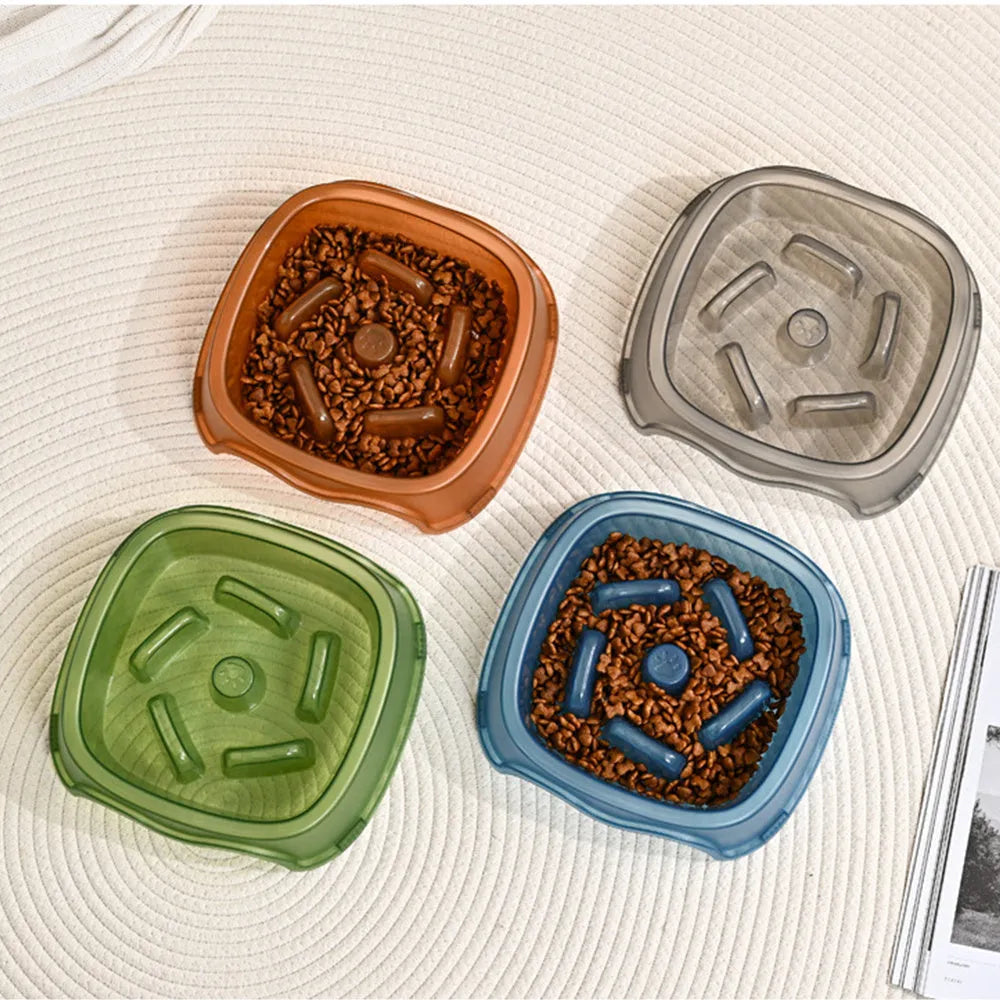 Blue plastic dog slow feeder bowl on a floor, designed to prevent choking by slowing eating pace.