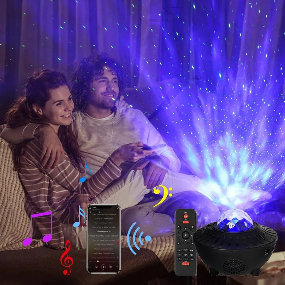 LED Bluetooth music projector light with starry sky effect, green laser, remote control, and USB cable