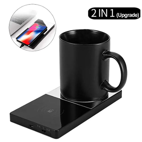 2-in-1 heating mug cup warmer with wireless charger on a desk with a glass mug