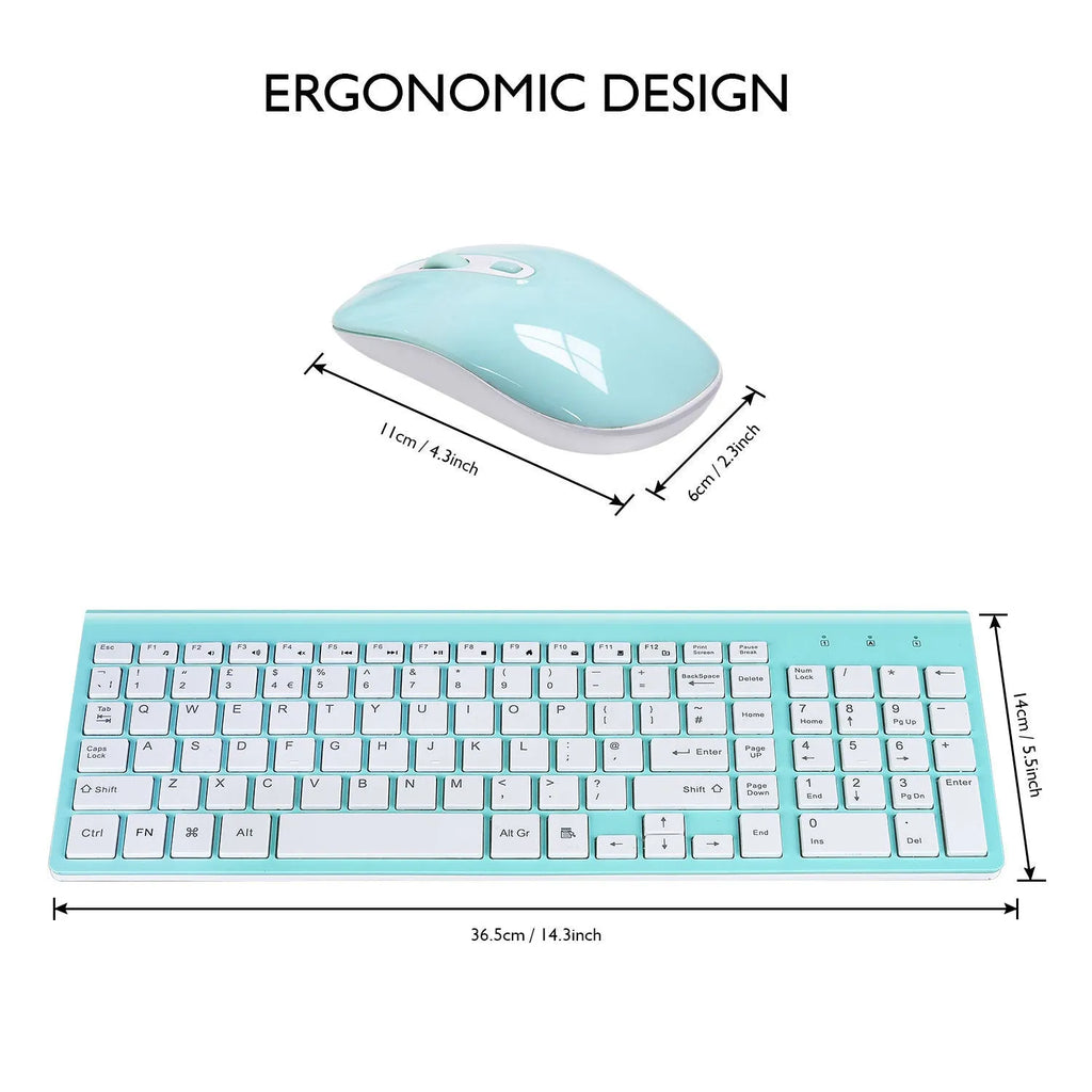 Blue wireless keyboard and mouse set with full-size layout and numeric keypad for desktop computer