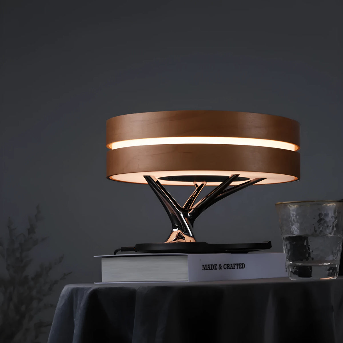 Round intelligent music Bluetooth speaker bed lamp with WiFi and wireless charging in maple brown