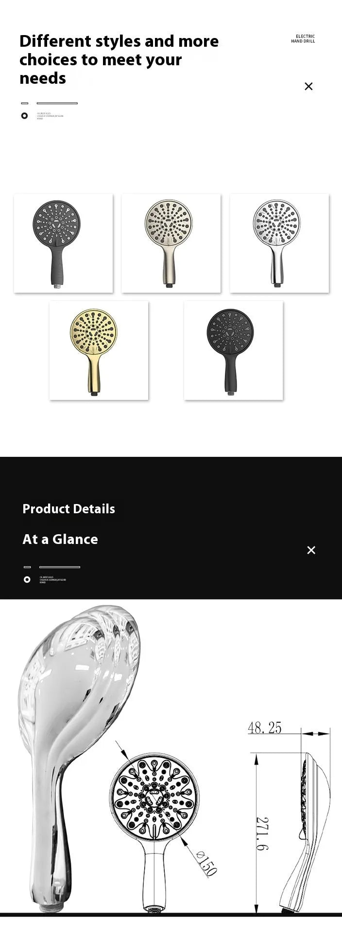 Portable handheld shower head with six water functions including massage, bubble and rain settings