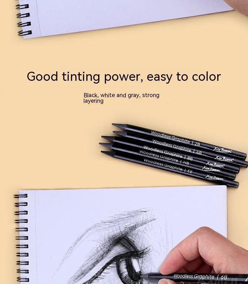 Wood-free graphite sketching pencils set showing six different hardness grades for art drawing